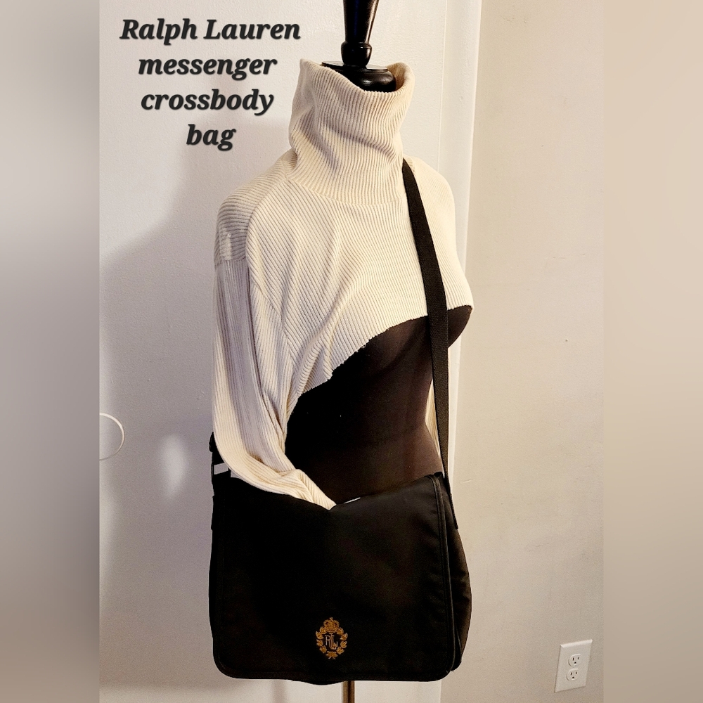 Ralph Lauren messenger crossbody bag black with gold crest
